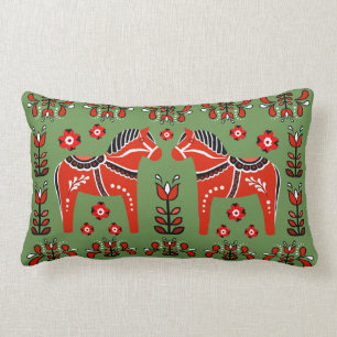 2 Folk Dala Pferd/Folk floral, weiß/grün/rot Lendenkissen