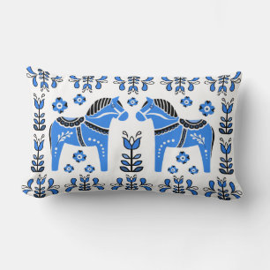 2 Folk Dala Pferd/Folk floral, weiß/schwarz/blau Lendenkissen