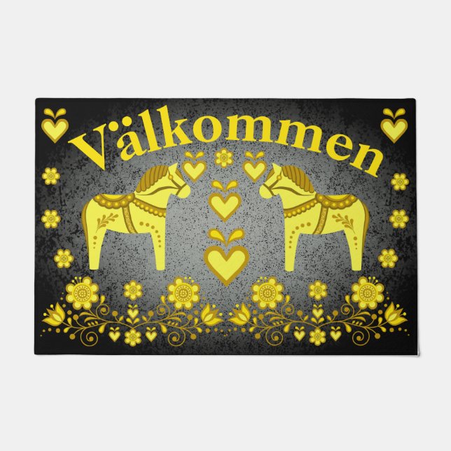 2 Folk Dala Pferd Gold/Silber Valkommen willkommen Fußmatte (Vorderseite)