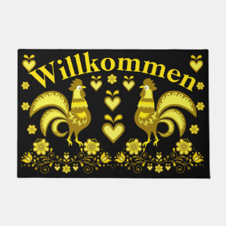 2 Folk Roosters, Gold/Schwarz Willkommen, willkomm Fußmatte
