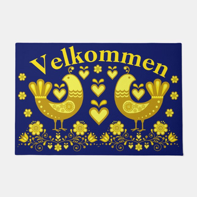 2 Folkloregevögel, Gold/Navy Velkommen, willkommen Fußmatte (Vorderseite)