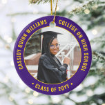 2 Foto Abschluss Elegant Lila Gelb Keramik Ornament<br><div class="desc">Erinnern Sie sich an den Erfolg des Absolventen mit einem eleganten lila und goldgelben Brauch zwei Foto rund Abschluss Weihnachtsschmuck. Bilder und alle Texte sind einfach anzupassen und können auf der Vorder- und Rückseite unterschiedlich sein.(IMAGE & TEXT DESIGN TIPS: 1) Um die Position der Formulierung anzupassen, fügen Sie Leerzeichen am...</div>