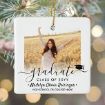 2 Foto Abschluss Elegantes Schwarzes Skript-Jahr Keramikornament<br><div class="desc">Erinnern Sie sich an die Leistung des Absolventen mit einem maßgeschneiderten 2-Foto-Platz Abschluss Weihnachtsschmuck. Bilder und Text sind einfach zu verändern und können auf Vorder- und Rückseite unterschiedlich sein. (IMAGE PLACEMENT TIP: Eine einfache Möglichkeit, ein Foto genau so zu zentrieren, wie Sie es gewollt haben, ist es, es einzuschneiden, bevor...</div>