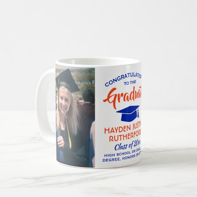 2 Foto Abschluss Glückwunsch Moderne Orange und Bl Kaffeetasse (Vorderseite Links)