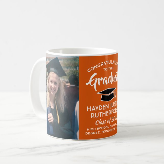2 Foto Abschluss Glückwunsch Orange Black und Whit Kaffeetasse (Vorderseite Links)