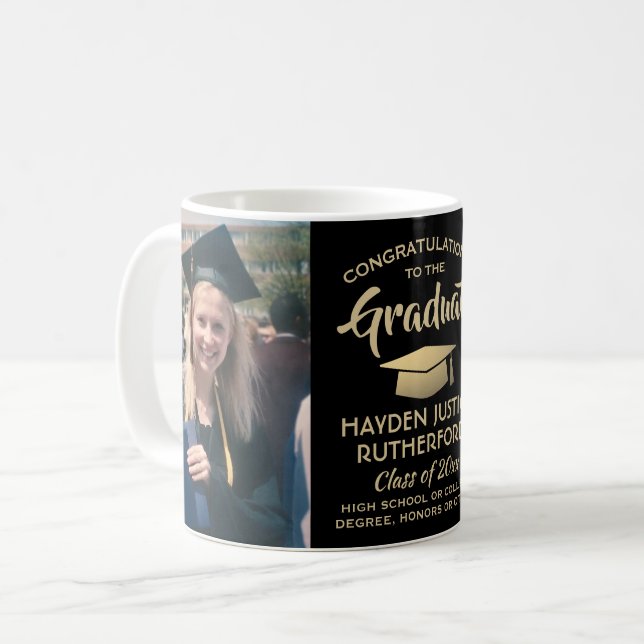 2 Foto Abschluss Glückwünsche Elegante Schwarz und Kaffeetasse (Vorderseite Links)