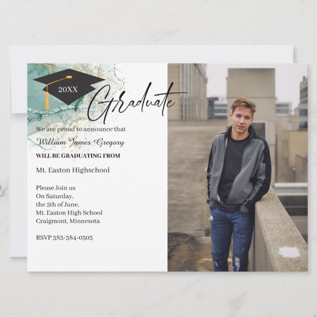 2 Foto Abschluss Green Gold Announccard Einladung (Vorderseite)