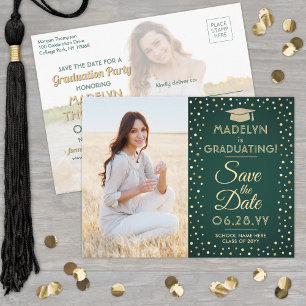 2 Foto Abschluss Save the Date Grün und Gold Ankündigungspostkarte