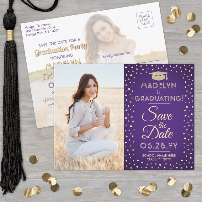 2 Foto Abschluss Save the Date Lila und Gold Ankündigungspostkarte (Von Creator hochgeladen)