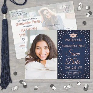 2 Foto Abschluss Save the Date Navy Pink Gltter Ankündigungspostkarte