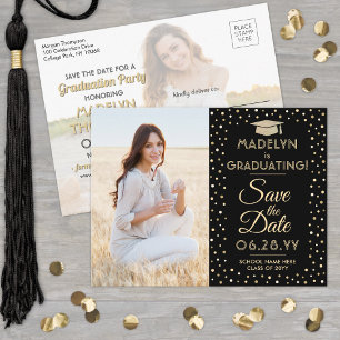 2 Foto Abschluss Save the Date Schwarz und Gold Ankündigungspostkarte