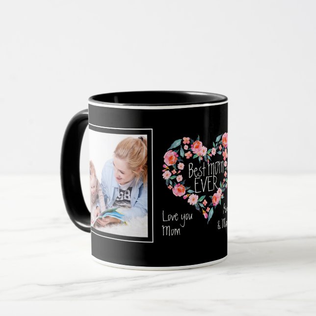 2 Foto-bestes Mama-überhaupt Rosa-BlumenherzWreath Tasse (Vorderseite Links)