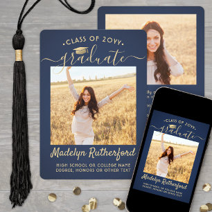 2 Foto Class Year Navy und Gold Script Abschluss Ankündigung