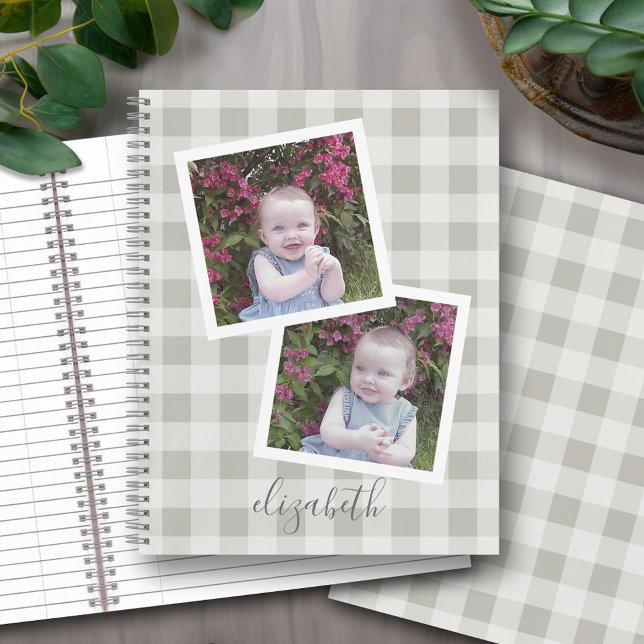 2 Foto Collage Buffalo Karo kann Beige Grau bearbe Notizbuch (Personalized notebook with an area for photos and text - option for different inside pages and coils)