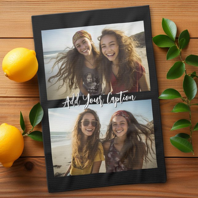 2 Foto Collage mit Trendy Script Caption - schwarz Geschirrtuch (Custom Kitchen Towel with Photo Collage)