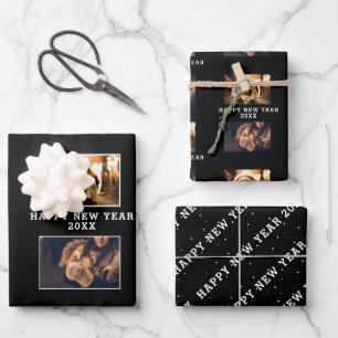 2 Foto-Collage Schwarz Frohes Neues Jahr Geschenkpapier Set