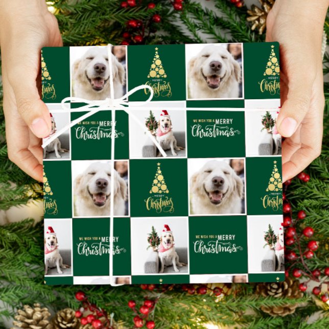 2 Foto Elegant Frohe Weihnachten Grün Gold Geschenkpapier (Von Creator hochgeladen)