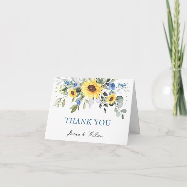 2 FOTO Elegante Sonnenblumen Eukalyptus Wedding Dankeskarte (Vorderseite)
