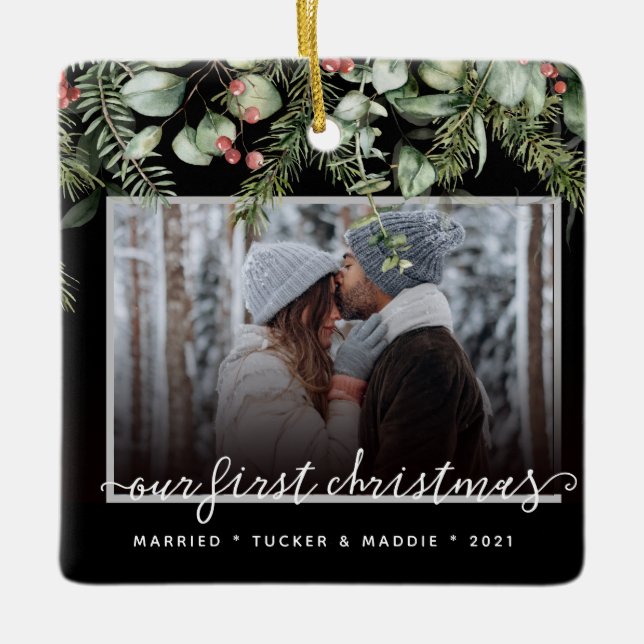 2 Foto Erstes Weihnachtsfest Verheiratetes Foto Gr Keramikornament (Vorderseite)