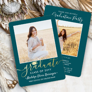2 Foto Graduation Party Aquamarin Weiß und Gold Folieneinladung