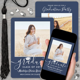 2 Foto Graduation Party Navy Blue & White Script Einladung