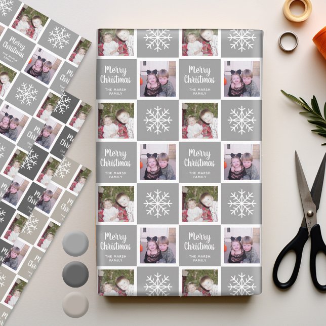 2 Foto Gray Neutrals Frohe Weihnachtsschneeflocken Geschenkpapier Set (Personalized Wrapping Paper - add photos to this festive holiday design)