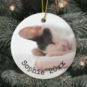 2 Foto Haustier Name & Jahr Einfache schwarze Typo Keramik Ornament