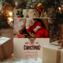 2 Foto Kariert Rentier Baby First Christmas Feiertagskarte