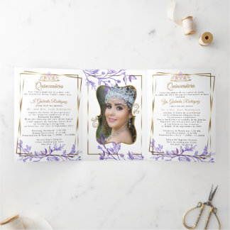 2 Foto Lila Foliage Mis Quince Años Dreifach Gefaltete Einladung