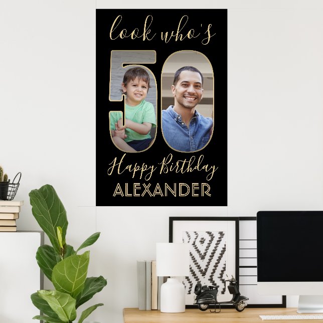 2 Foto Look Who's 50 Birthday Black & Gold 24x36 Poster (Heimbüro)