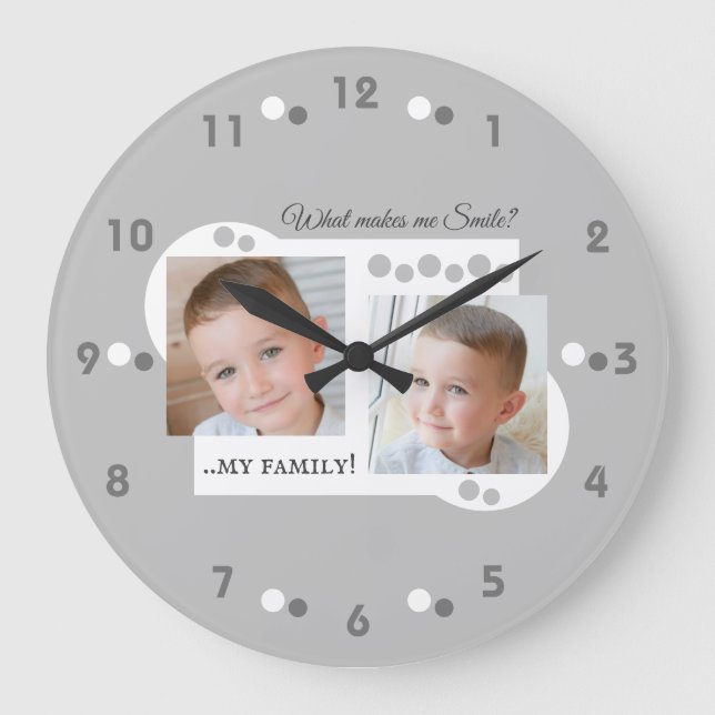 2 Foto meine Familie grau Große Wanduhr (Vorderseite)