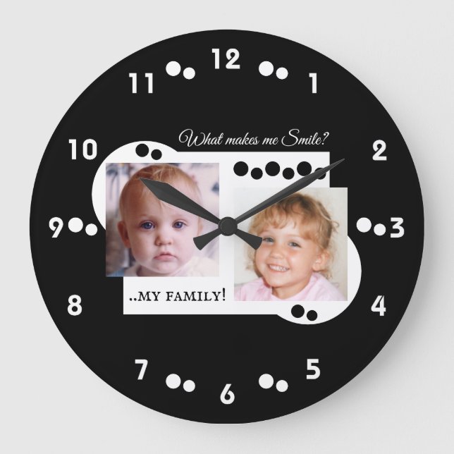 2 Foto meine Familie schwarz Große Wanduhr (Vorderseite)