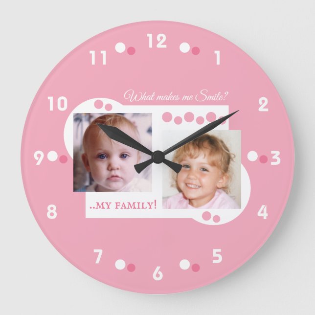 2 Foto meiner Familie rosa Große Wanduhr (Vorderseite)