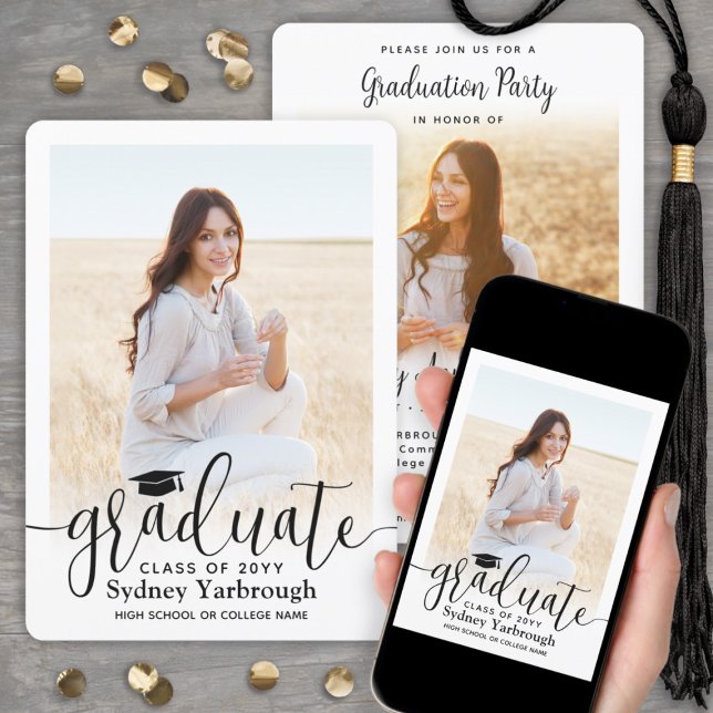 2 Foto Moderne elegante Script Graduation Party Einladung (Von Creator hochgeladen)