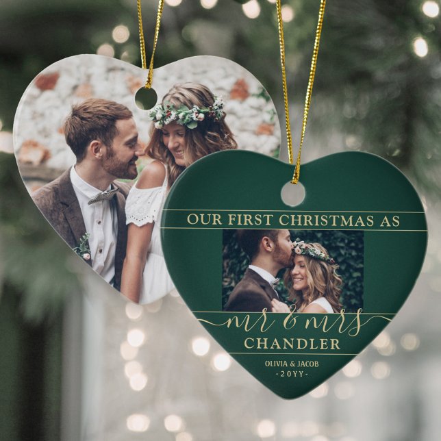 2 Foto Mr & Mrs. 1. Christmas Green & Gold Heart Keramik Ornament (Von Creator hochgeladen)