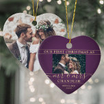 2 Foto Mr. & Mrs. 1. Christmas Plum Lila Heart Keramik Ornament<br><div class="desc">Feiern Sie einen fröhlichen 1. Urlaub als verheiratetes Paar mit einem maßgeschneiderten 2-Foto "Unser erstes Weihnachtsfest als Mr. & Mrs." herzförmige Keramik Ornament. Alle Texte und Bilder auf dieser Vorlage sind einfach zu personalisieren. (IMAGE PLACEMENT TIP: Eine einfache Möglichkeit, ein Foto genau so zu zentrieren, wie Sie es gewollt haben,...</div>