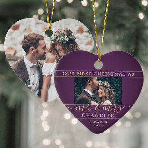 2 Foto Mr. & Mrs. 1. Christmas Plum Lila Heart Keramik Ornament