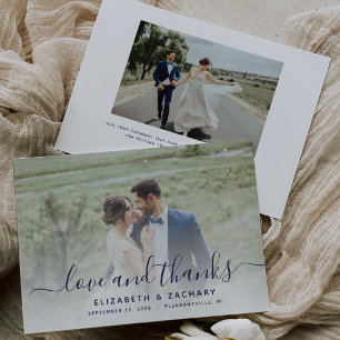 2-Foto Navy Blue Script Hochzeit Dankeskarte