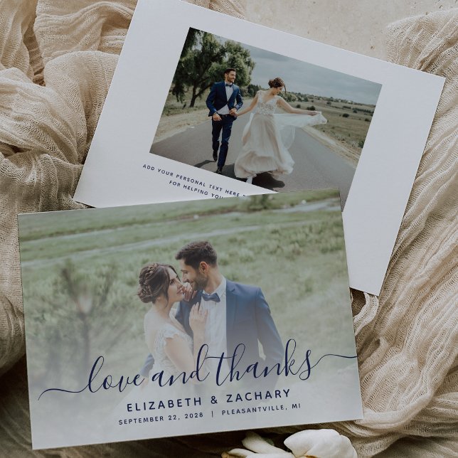 2-Foto Navy Blue Script Hochzeit Dankeskarte (Von Creator hochgeladen)