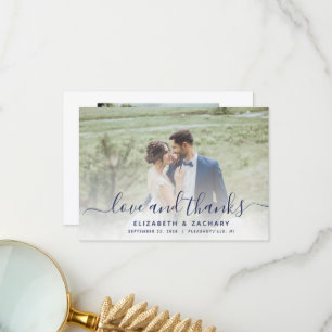 2-Foto Navy Blue Script Hochzeit Dankeskarte