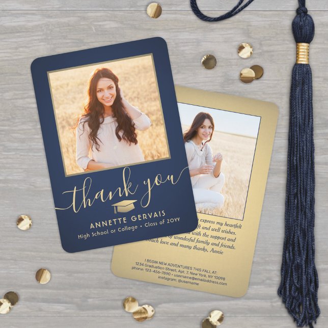 2 Foto Neue Adresse Navy Blue und Gold Abschluss Dankeskarte (Von Creator hochgeladen)