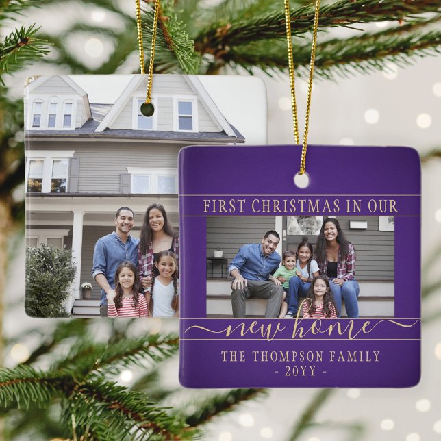 2 Foto Neue Zuhause Erste Weihnachten Lila und Gol Keramikornament (Von Creator hochgeladen)