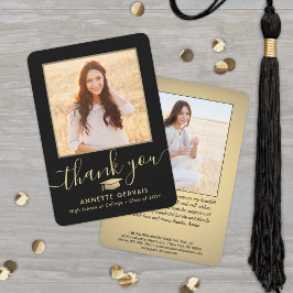 2 Foto New Address Black & Gold Script Abschluss Dankeskarte