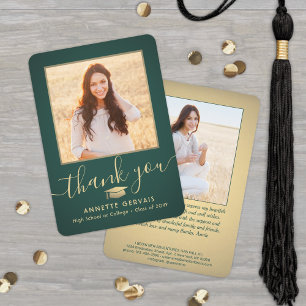 2 Foto New Address Green & Gold Script Abschluss Dankeskarte
