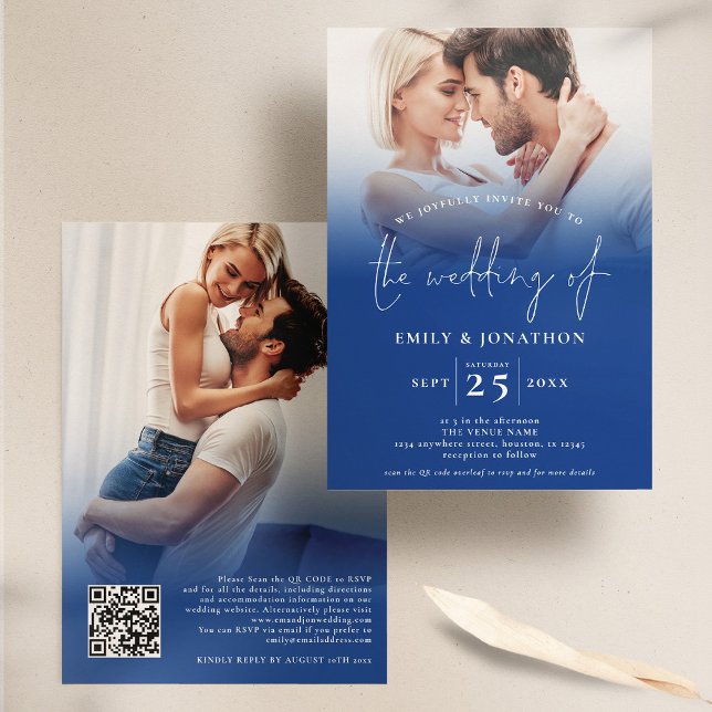 2 Foto Overlay Script QR Blue Wedding Einladung (Front and back view. Available digitally and printed.)
