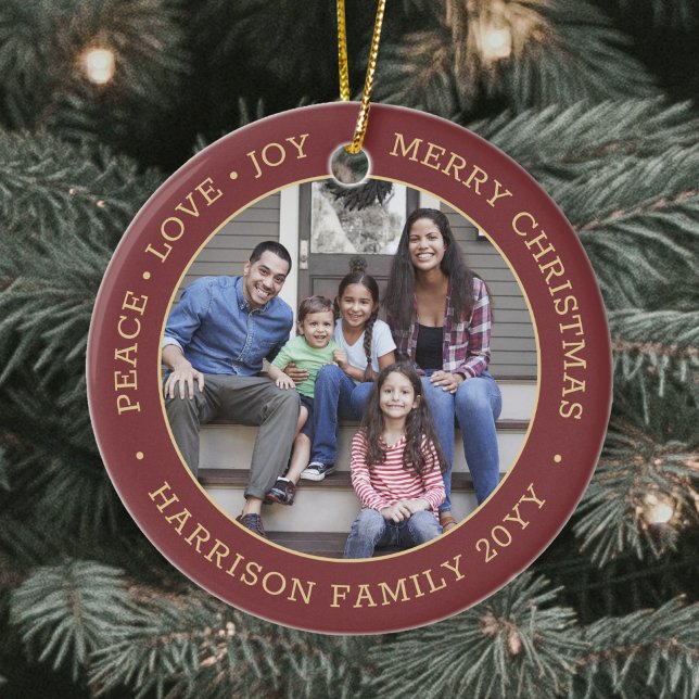 2 Foto Peace Liebe Freude Weihnachten Rot & Gold Keramik Ornament (Von Creator hochgeladen)