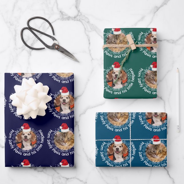 2 Foto Pet Santy Paws Little Helpers Weihnachtsman Geschenkpapier Set (Vorderseite)