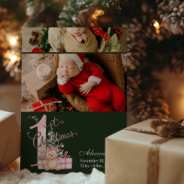 2 Foto Pink Green Baby First Christmas Feiertagskarte