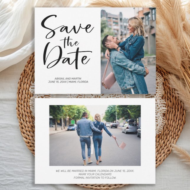 2 Foto Pinselskript Hochzeit speichern Sie das Dat Save The Date (Wedding Save-the-Date 2 photo front/back card)