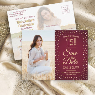 2 Foto Quinceanera Burgund Gold Einladungspostkarte